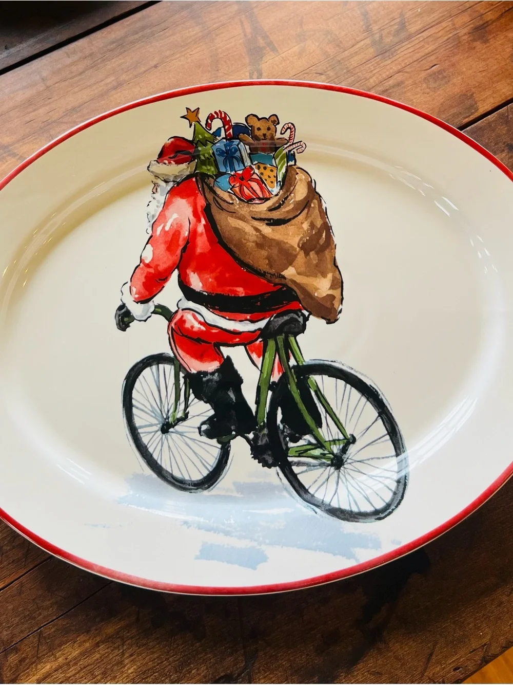 Pottery Barn Santa on Bike Christmas stoneware Serving Platter
